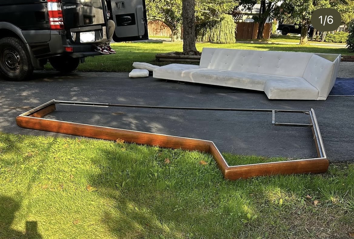 L-shaped walnut platform frame — stripped bare and ready for re-upholstery
