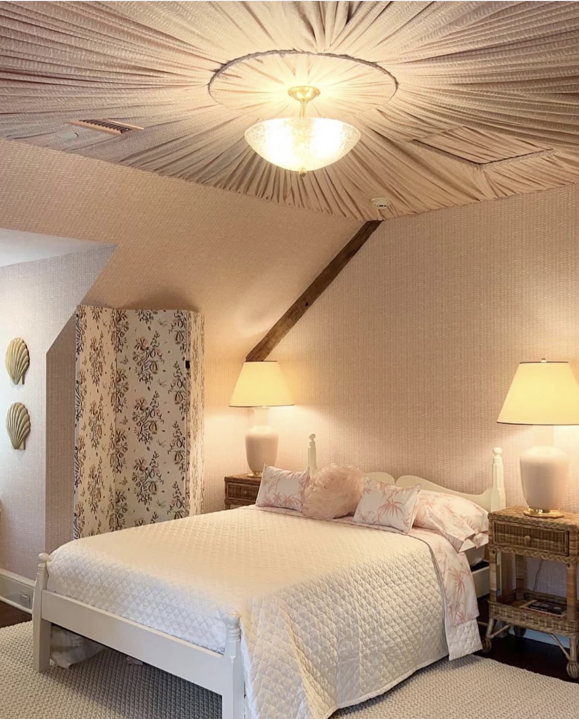 Custom fabric ceiling and wall upholstery installation — hand-pleated residential interior, Fabricio's Upholstery Long Island