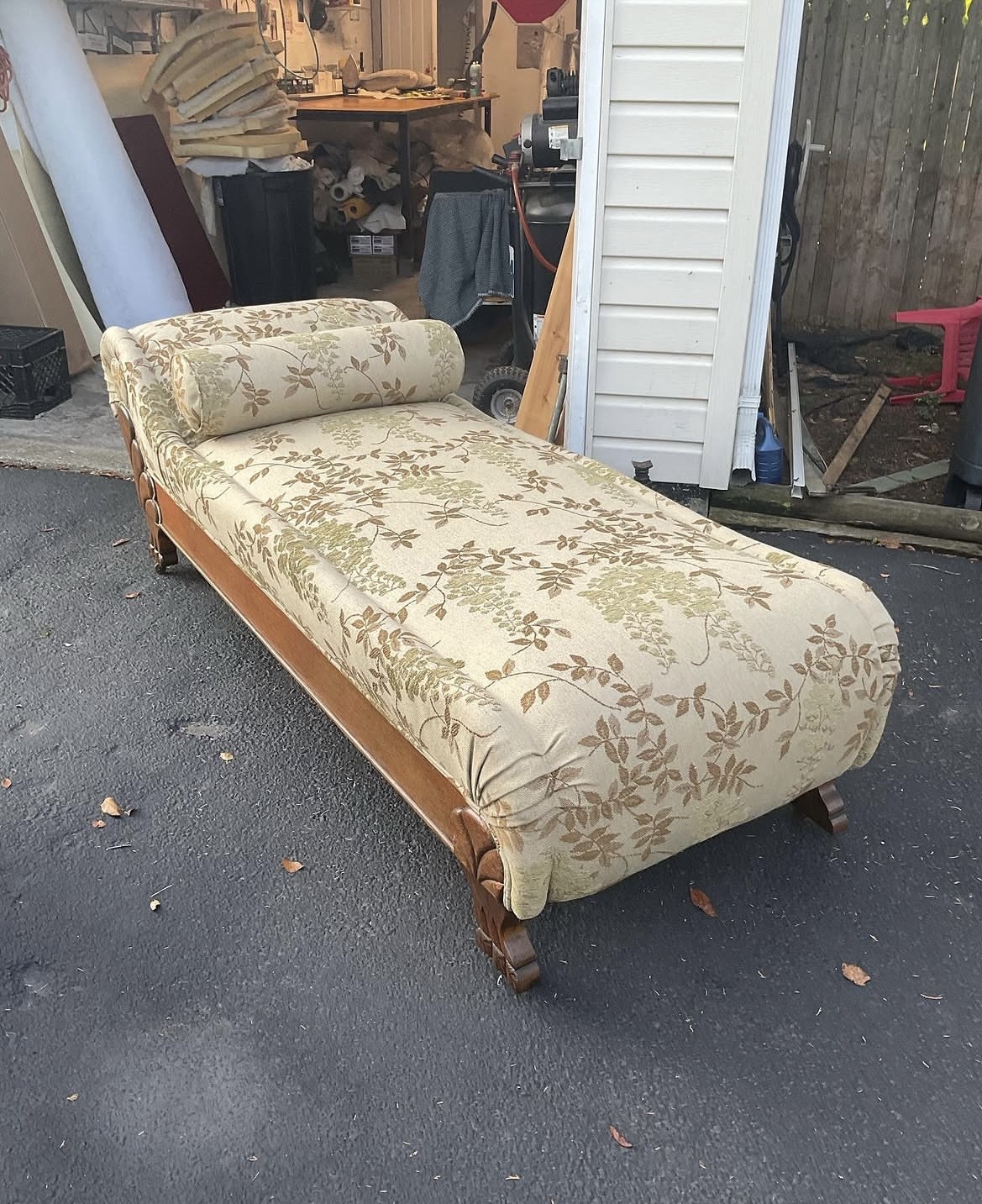 Antique chaise lounge reupholstery — restored frame with new fabric, Suffolk County Long Island