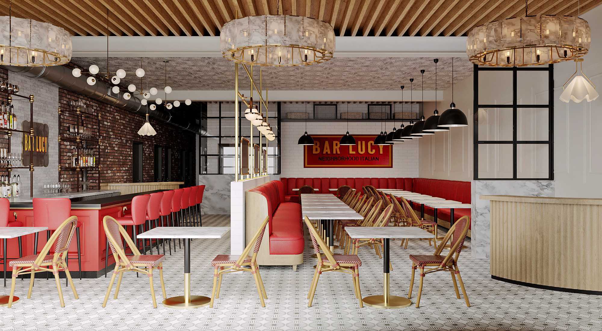 Finished red banquette seating installed at Bar Lucy