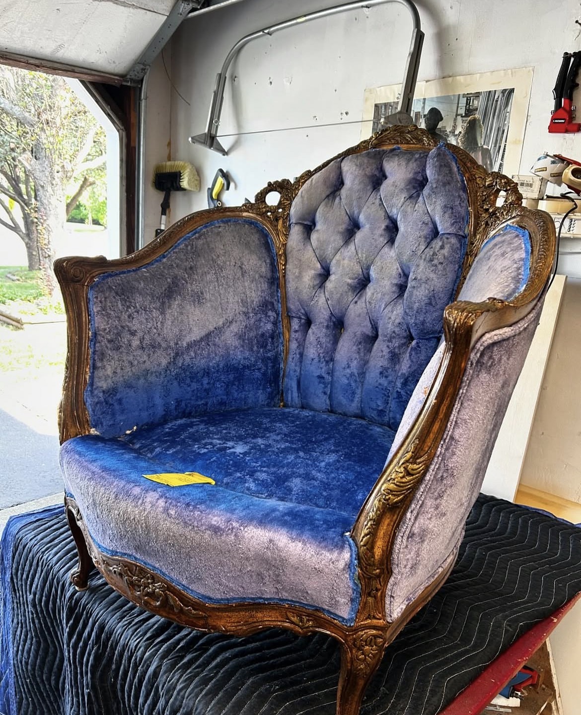Antique French armchair restoration — button-tufted navy velvet reupholstery, Fabricio's Upholstery Shop Bellport Long Island