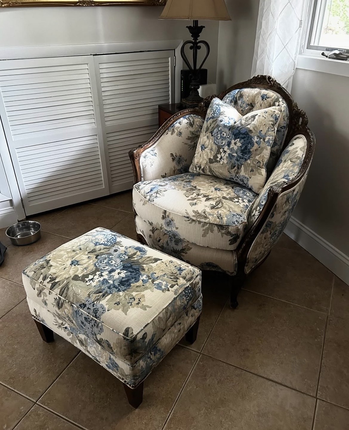 Antique armchair and ottoman reupholstered in blue floral fabric — antique furniture restoration, Suffolk County NY