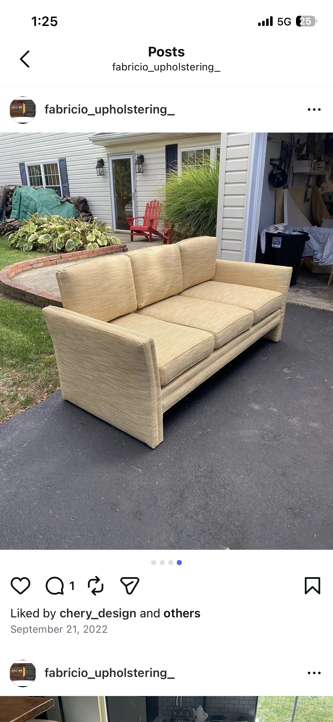 Finished parsons sofa — angled view showing arm profile and upholstered side panel